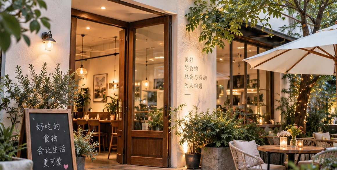 绿植环绕的独立街角小店外观